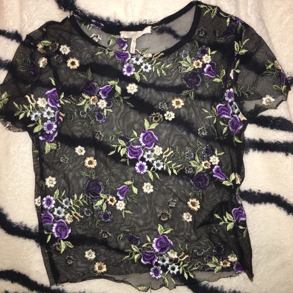 Urban Outfitters Sheer Floral Embroidered Top